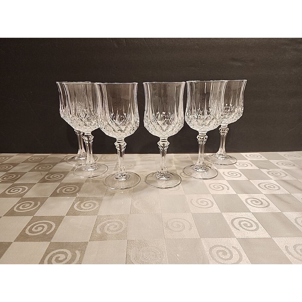 Six (6) Cristal d 'Arques Durand Crystal Longchamp Glasses Clear Water Goblets